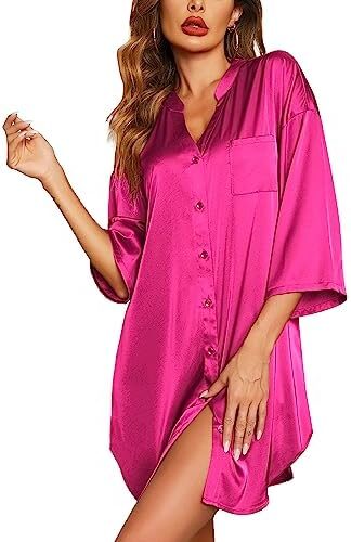 Ekouaer Satin Nightgowns for Women Silk Sleepwear Button Down Sleepshirt 3/4 Sleeve V-Neck Nightshirts with Pockets