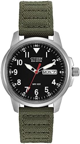Citizen Men’s Sport Casual Garrison 3-Hand Day/Date Eco-Drive Nylon Strap Watch, Arabic Markers, 100 Meters Water Resistant, Luminous Hands and Markers