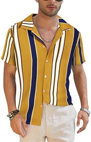 COOFANDY Mens Hawaiian Shirts Short Sleeve Striped Shirt Button Down Beach Shirts