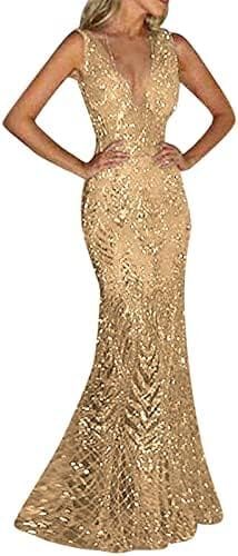 faweijlr Women Party Long Dress Womens Evening Dress Gold Prom Dress Bling Sequined Ladies Long Sleeveless Formal Wear