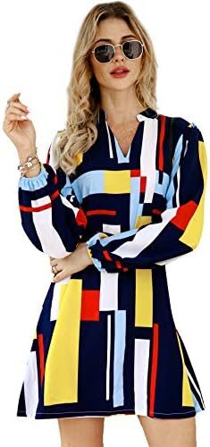 Floerns Women’s 70s Disco Lantern Long Sleeve Geometric Fall Shift Dress 60s Outfits