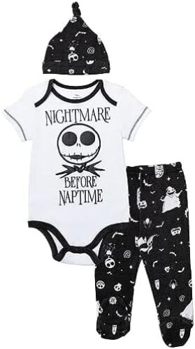 Disney Nightmare Before Christmas Baby Bodysuit Pants and Hat 3 Piece Outfit Set Newborn to Infant