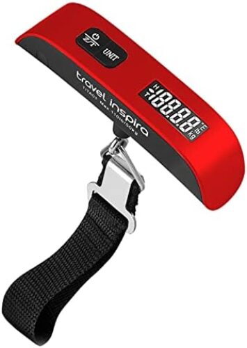 travel inspira Luggage Scale, Portable Digital Hanging Baggage Scale for Travel, Suitcase Weight Scale with Rubber Paint, 110 Pounds, Battery Included – Red
