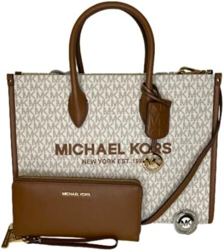 Michael Kors Mirella MD EW Logo Tote Bag bundled with Large Continental Wallet and Purse Hook