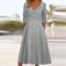 Women 3/4 Sleeve Cross Bandage Knit Ribbed A-Line Dress Summer Button Decoration Fashion V Neck High Waist Dresses