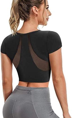 TrainingGirl Women’s Slim Fit Workout Tops Mesh Back Yoga Crop Tops Short Sleeve Athletic Gym Fitness Shirt with Built in Bra