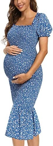 Maternity Summer Floral Midi Bodycon Dresses, Short Puff Sleeve Square Neck Ruffle Hem Mermaid Baby Shower Dress