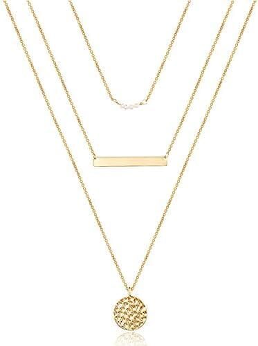 Turandoss Dainty Layered Choker Necklace, Handmade 14K Gold Plated Y Pendant Necklace Multilayer Bar Disc Necklace Adjustable Layering Choker Necklaces for Women
