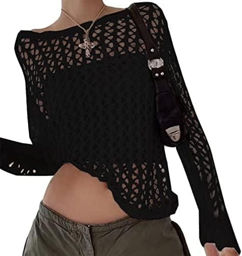 ABYOVRT Women Knit Crochet Hollow Out Fishnet Top Long Sleeve See Through Mesh Shirt Sexy Club Streetwear
