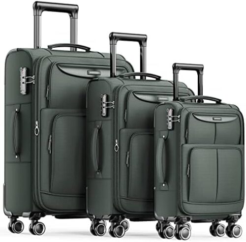 SHOWKOO Luggage Sets 3 Piece Softside Expandable Lightweight Durable Suitcase Sets Double Spinner Wheels TSA Lock Armygreen (20in/24in/28in)