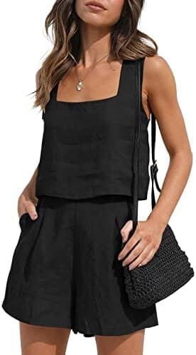 AUTOMET Womens 2 Piece Outfits Lounge Matching Sets Two Piece Linen Shorts Crop Tops 2023 Trendy Clothes Summer Vacation Set