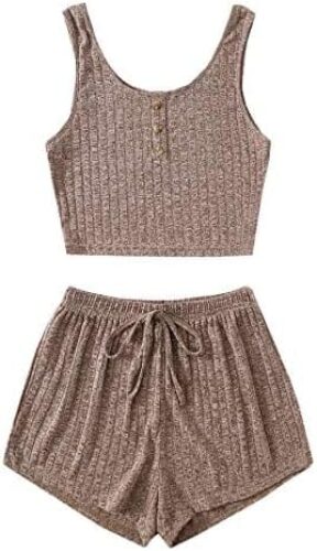 SOLY HUX Women’s Button Front Ribbed Knit Tank Top and Shorts Pajama Set Sleepwear Lounge Sets