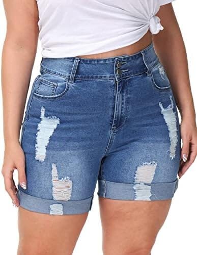 ALLEGRACE Plus Size Denim Shorts Women High Waisted Stretch Summer Jean Shorts