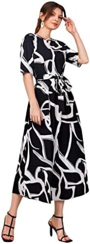 WDIRARA Women’s Printed Short Sleeve Round Neck Belted Long Dress Elegant Dresses