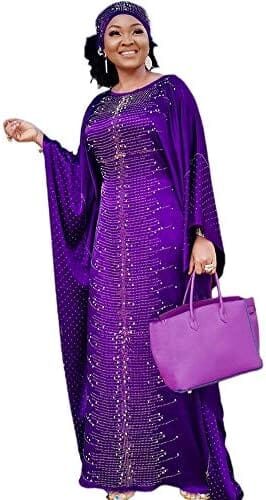 HD African Dresses for Women Fashion Beading Rhinestone Kaftan Maxi Dress
