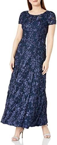 Alex Evenings Women’s Long Rosette Lace Cap Sleeve Gown