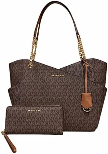Michael Kors Jet Set Travel Large Chain Shoulder Tote Brown MK Signature Bundled with Michael Kors Jet Set Travel Continental Long Wallet Wristlet Brown