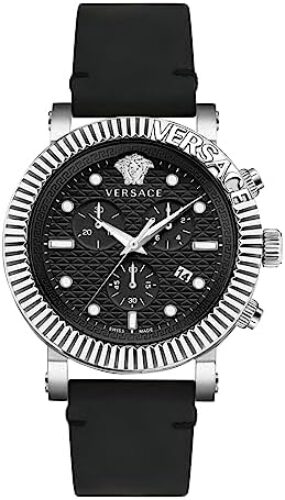 Versace V-Chrono Classic Collection Luxury Mens Watch Timepiece with a Black Strap Featuring a Stainless Steel Case and Black Dial
