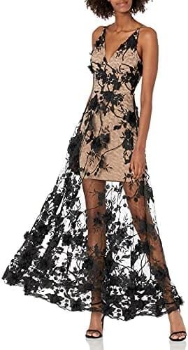Dress the Population Women’s Embellished Plunging Gown Sleeveless Floral Long Dress