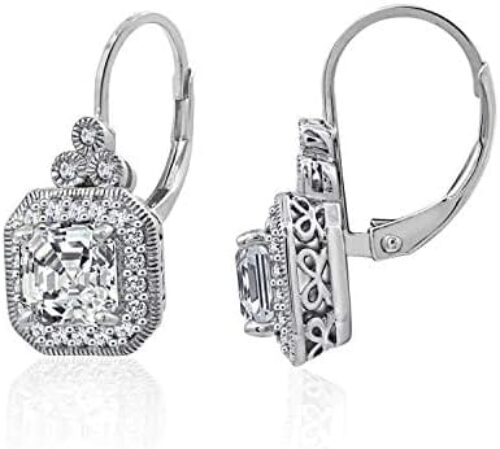 Amazon Collection Platinum or Gold-Plated Sterling Silver Infinite Elements Zirconia Asscher-Cut Antique Drop Earrings