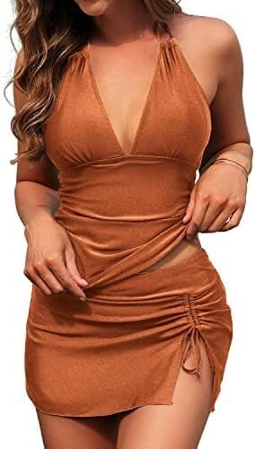 SuperPrity Women 3 Piece Tankini Swimsuits Halter Tummy Control Bathing Suits with Bikini Bottom Skirt(Available in Plus)