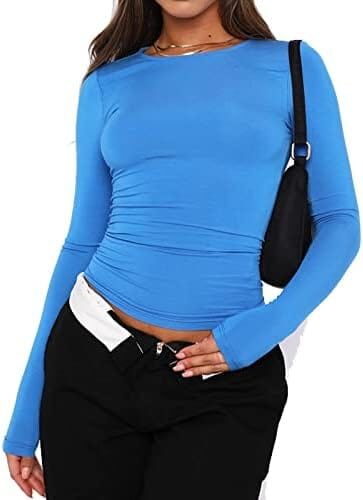 Women’s Slim Fit Going Out Crop Tops Casual Solid Color Crew Neck Long Sleeve Tight Tee Shirt Basic Streetwear