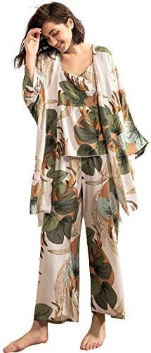 WDIRARA Women’s 3 pcs Sleepwear Leaf Print Cami and Pants Pajama Set with Robe