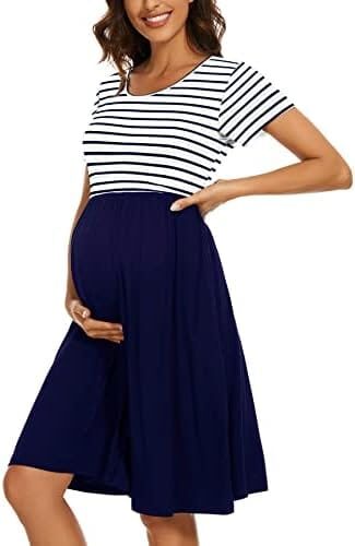 WOOXIO Women’s Short Sleeve Maternity Dress Patchwork Pregnancy Clothes with Pockets