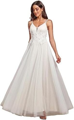Ever-Pretty Women’s V-Neck Lace Spaghetti Straps Embroidered Ruched Tulle Wedding Dress 0124A
