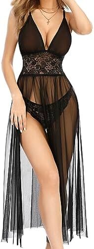 Avidlove Women Lingerie Lace Babydoll V Neck Chemise Halter Mesh Nightwear Sexy Long Gown Lingerie Sheer Dress