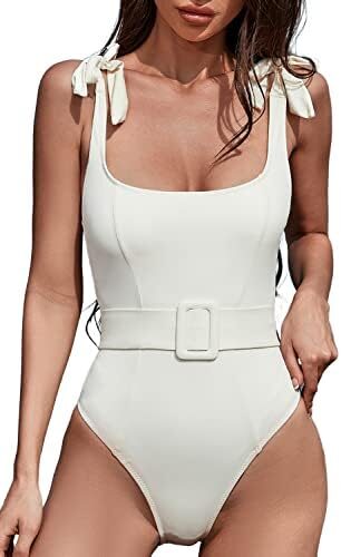 QINSEN Women’s One Piece Swimsuit with Adjustable Tie Straps Elastic Belt Moderate Coverage Bathing Suit