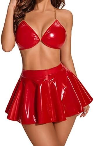 Avidlove Cosplay Lingerie for Women 4pack Leather Lingerie Set Latex Role Playing Costume Bunny Outfit with Chain and Skirt