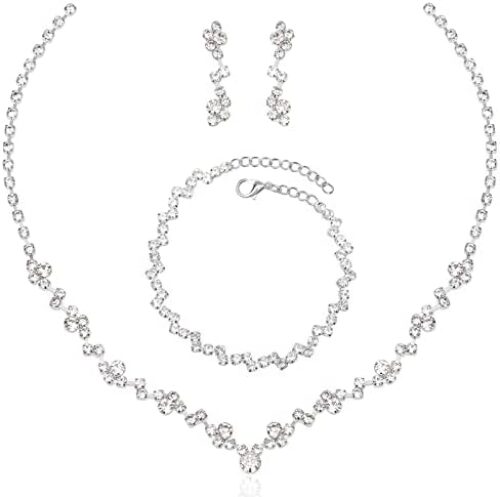 Aixiao Silver Necklace Earrings Bracelet Crystal Bridal Wedding Jewelry Sets for Brides Bridesmaid Prom Costume Accessories for Women