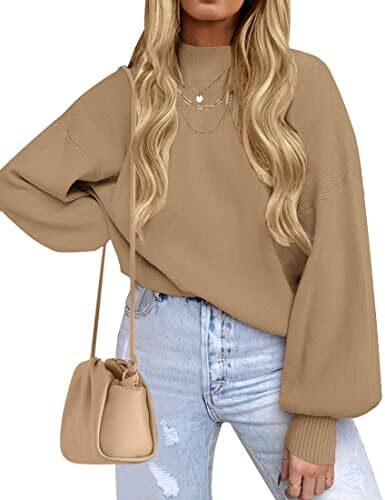 ZESICA Women’s 2023 Casual Turtleneck Long Lantern Sleeve Oversized Ribbed Knit Pullover Sweater Jumper Top