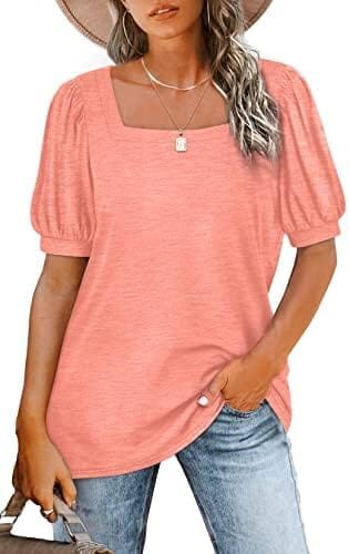 WIHOLL Womens Tops Square Neck Puff Short Sleeve Loose Fit Summer Shirts