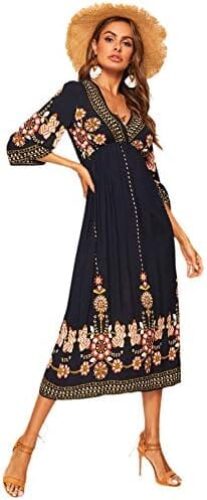 Romwe Women’s Floral Print Deep V Neck 3/4 Sleeve A-Line Bohemian Tribal Boho Midi Dress