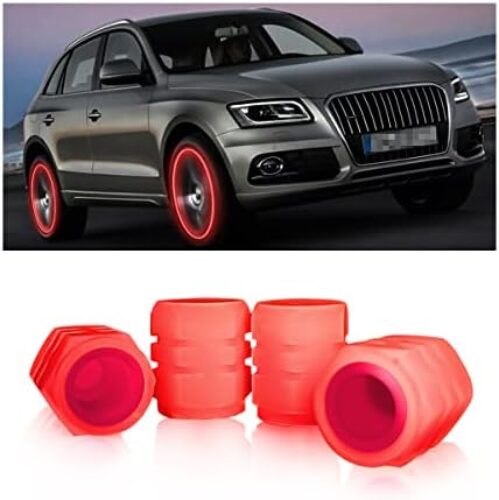 4PCS Fluorescent Car Tire Valve Stem Caps, Luminous Glow in The Dark Auto Tire Valve Cover, Illuminated Corrosion Resistant, Car Decor Accessories Universal for SUV, Trucks, Cars (Red1)