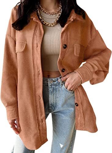 VICHYIE Womens Corduroy Shacket Blouses Button Down Shirts Pocket Long Sleeves Tops Jacket Coats