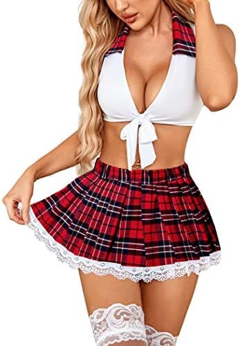 Avidlove Lingerie Set for Women Sexy Lace Two Piece Lingerie Outfits with Tie Top and Mini Pleated Skirt Set