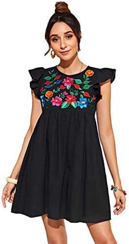 Floerns Women’s Summer Floral Embroidery Dress Ruffle Sleeve Round Neck Smock Short Dress