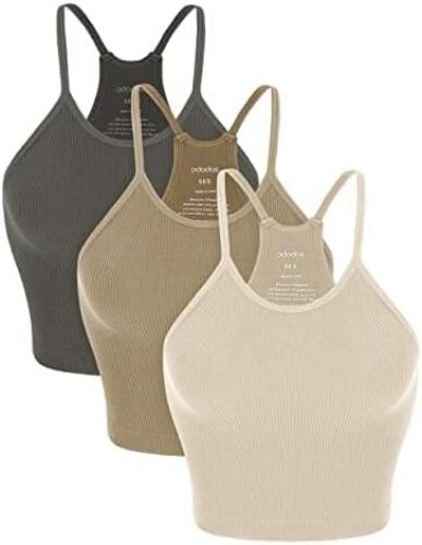 ODODOS Women’s Crop 3-Pack Washed Seamless Rib-Knit Camisole Crop Tank Tops