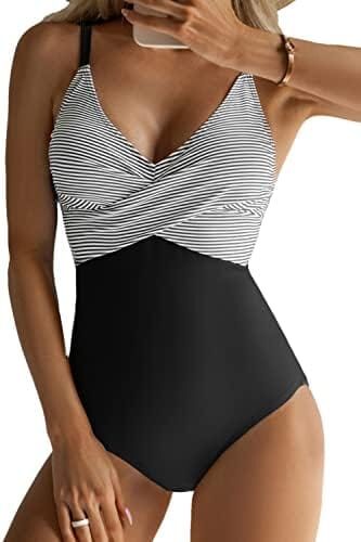 B2prity Women’s One Piece Swimsuits Tummy Control Front Cross Bathing Suits Slimming Swimsuit V Neck Swimwear Monokini