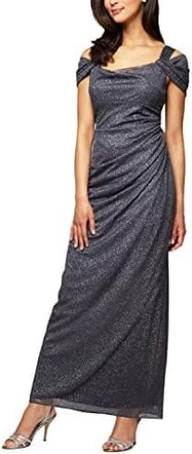 Alex Evenings Women’s Long Cold Shoulder Dress (Petite and Regular Sizes)