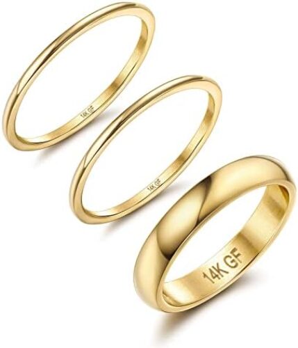 Jstyle 14K Gold Filled Rings for Women Stacking Rings Stackable Thin Gold Rings Simple Plain Pinky Thumb Statement Band Ring Comfort Fit 3Pcs 1mm 3mm
