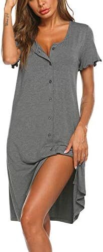 Ekouaer Women’s Nightshirt Short Sleeve Button Down Nightgown V-Neck Sleepwear Pajama Dress