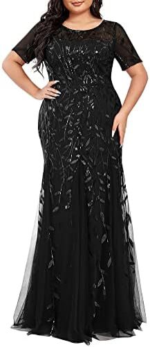 Ever-Pretty Women’s Plus Size Sequin Short Sleeves Embroidery Mermaid Maxi Evening Dress 07707-PZUSA