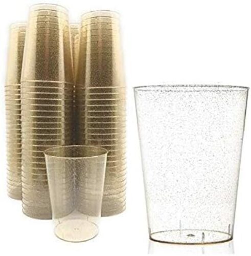 50 Count Hard Plastic 16-Ounce Party Cups/Old Fashioned Tumblers Ideal for Home, Office, Bars, Wedding, Bridal and Baby Shower, Birthday, Retirement, Anniversary, Parties (Gold Glitter)