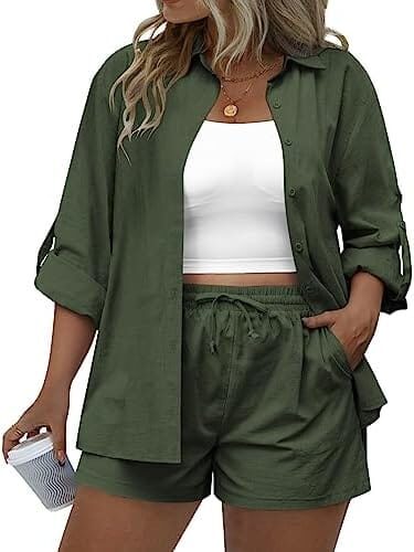 IN’VOLAND Women’s Plus Size 2 Piece Outfits Cotton Linen Shirt and Drawstring Shorts Set Summer Casual Tracksuits 2023