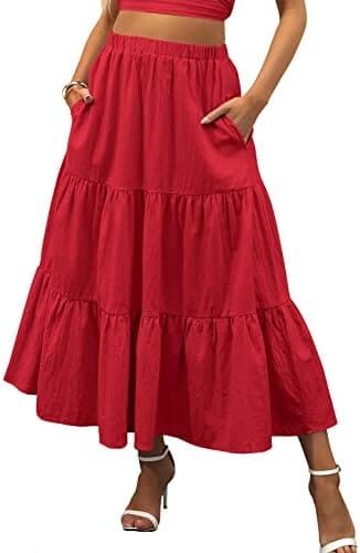 ANRABESS Women’s Summer Boho Elastic Waist Pleated A-Line Flowy Swing Tiered Long Beach Skirt Dress with Pockets