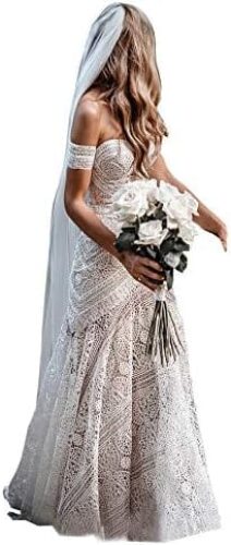 LIPOSA Women’s Bohemian Wedding Dresses with Detachable Arm Bands Sweetheart Mermaid Lace Bridal Gown